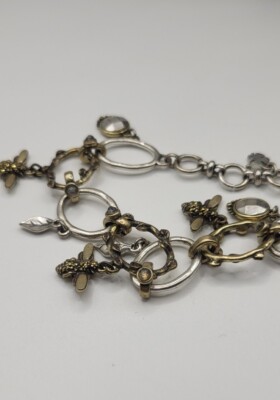 Lucky Brand Charm Bracelet Silver & Gold Tone Rhinestone Bee Circle Link Chain