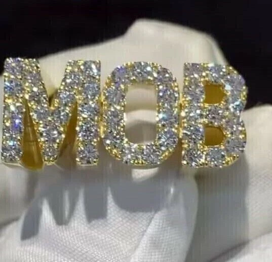 3Ct Round Cut Moissanite Custom Letter Men's Ring 14K Yellow Gold Plated Silver - Image 2 of 4