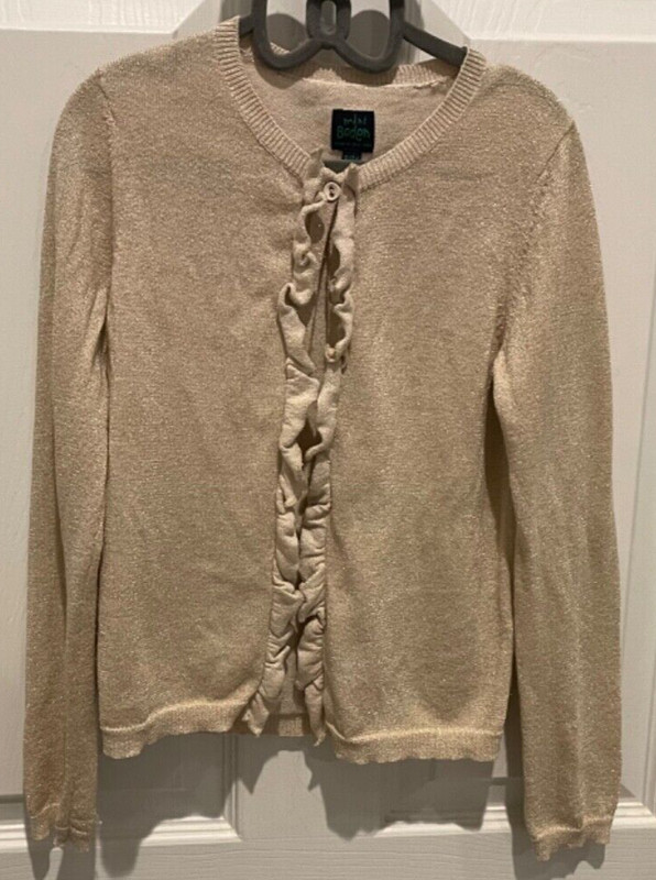 Girls Mini Boden Tan w/ Golden Sparkles Cardigan Sweater 9/10 Ruffles Buttons