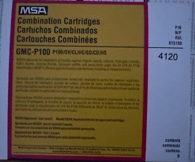 MSA Comfo Respirator Cartridges, Organic Vapor/Acid Gas/P100- 815180- 6 Pack