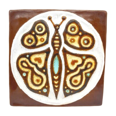 Handmade Signed Pottery Butterfly Tile, 7'' Brown Embossed Boho Wall Hanging