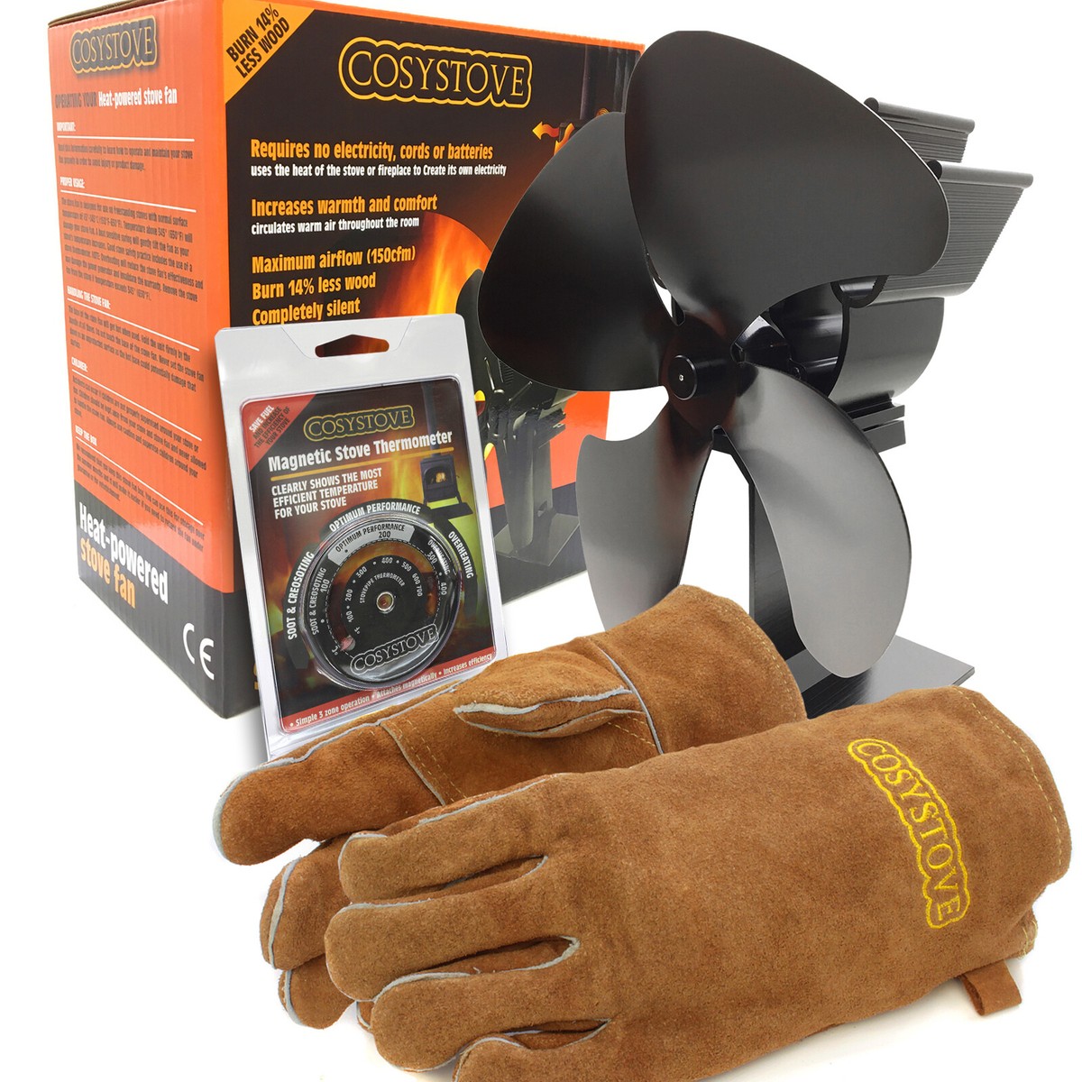 Cosystove® Heat Powered Stove Top Fan, Thermometer and Gloves - Wood Log  Burner | eBay