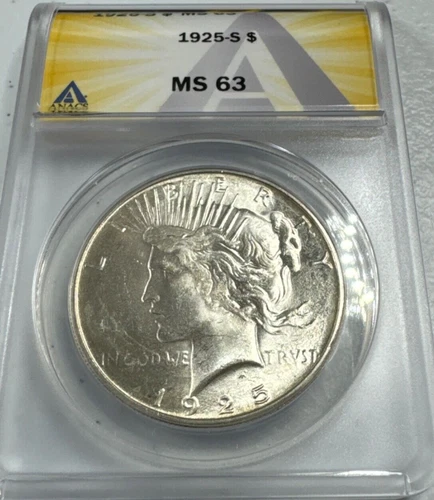 1925-S   Peace US Silver Dollar,    MS63 by ANACS,    a SUPERB looking coin!!!!
