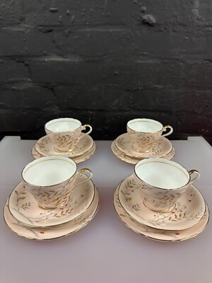 4 x Aynsley Lachs Rosa Blätter Tee Trios Tassen Untertasse Teller Set Muster 1480/3