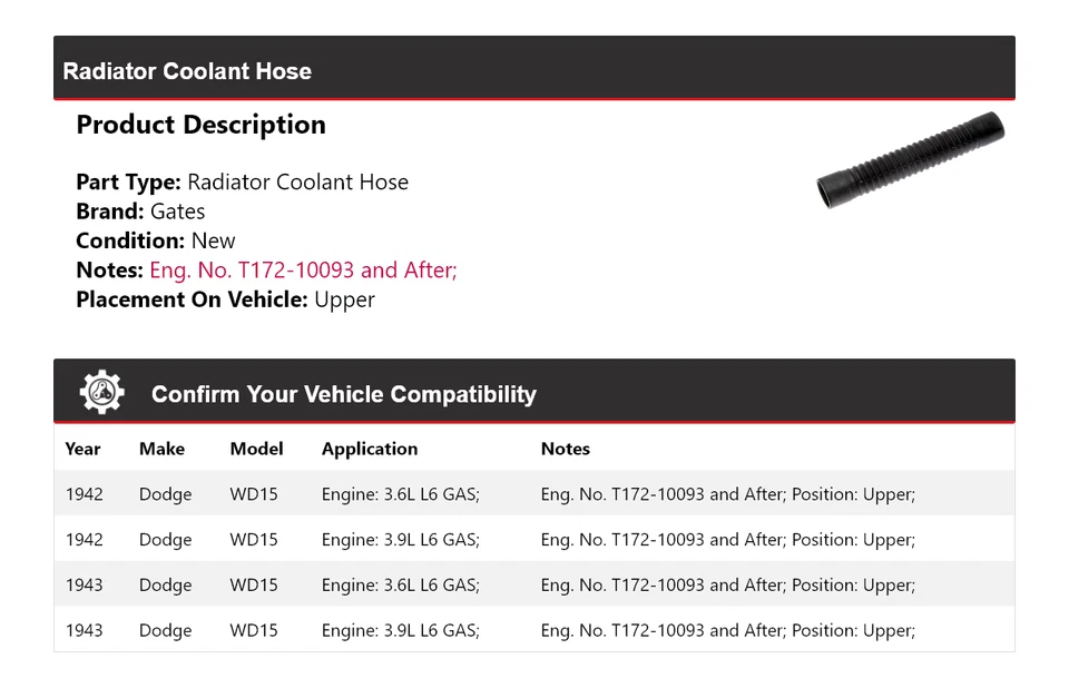 Manguera de refrigerante de radiador puertas superiores para Dodge WD15 1942-1943 Foto 2 de 4
