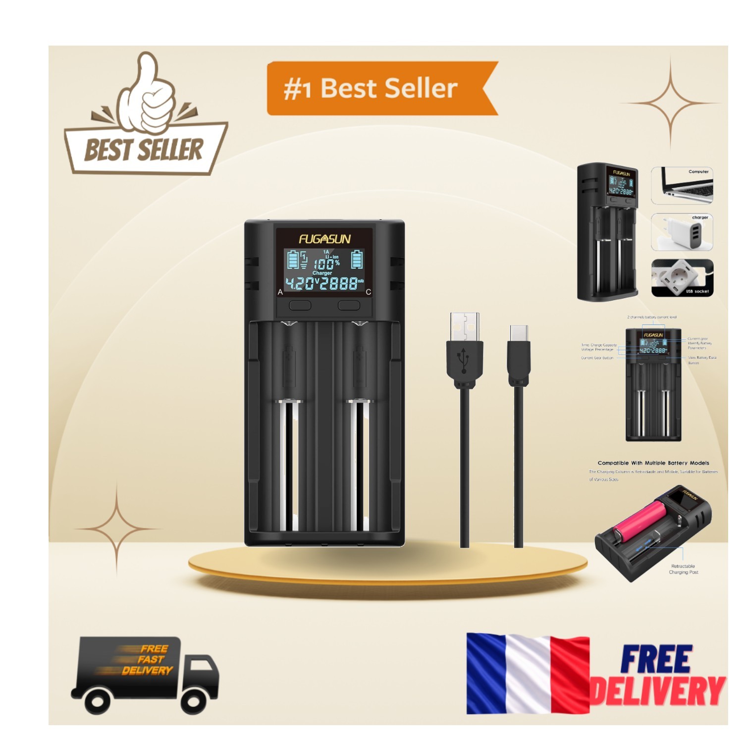 Chargeur 18650 Fugasun avec protection PCB et écran LCD intelligent noir