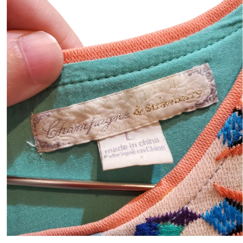 Champagne Strawberry Turquoise Coral Embroidered Boho Shift Dress Sz L 70s Style - Image 4 of 4