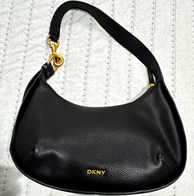 DKNY Black Crescent Shoulder Bag, Gold Tone Hardware, Zip, Wallet, Pockets