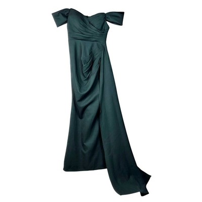 Emerald Green Off the Shoulder Long Train Layered Pleated Bridesmaid Gown Size 8
