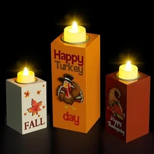 BlcTec Fall Decorations for Home 3 PCS Wood Candle Holders with LED Tea Lights &