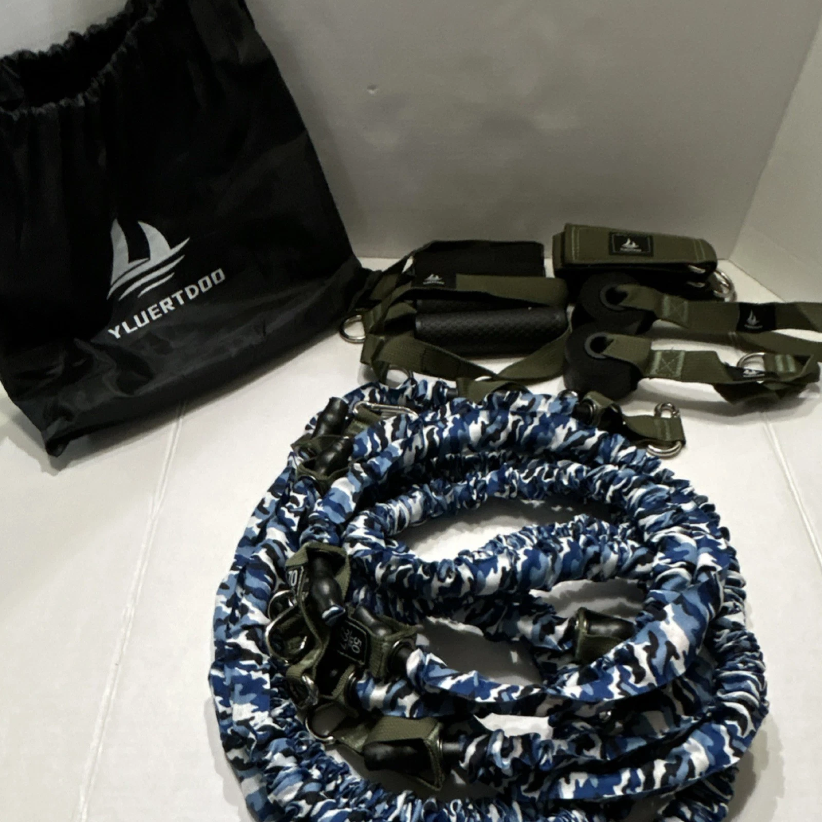 YLUERTDOO Resistance Band Set Blue Camouflage Foam Handles Carrying Bag