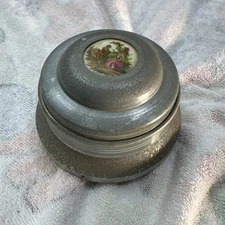 Antique Pre Reuge Music Box Musical Powder Puff Metal Case with Porcelain Inlay