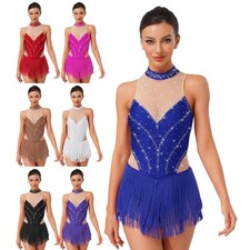 Womens Bodysuit Rock Dancewear Sleeveless Dress Dance Figure Skating Fringe