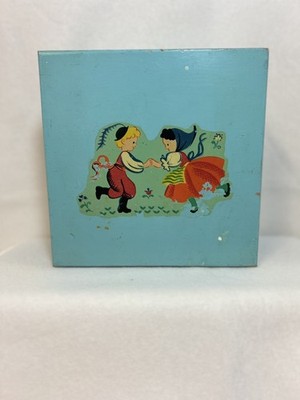 Child s Primitive Folk Art Turquoise Wooden Box with Decals And Hinges