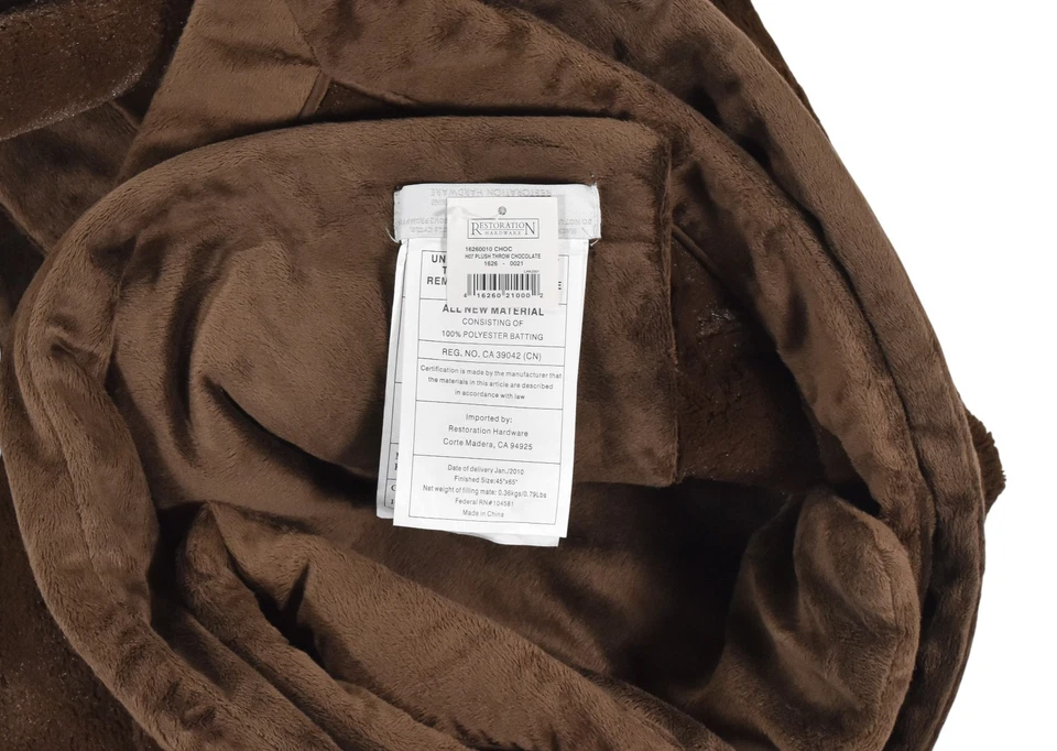 Restoration Hardware Chocolate Brown Plush Fleece 45" x 65" Throw Blanket New - Image 2 of 2