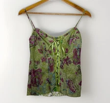 Vintage A. Byer Y2K Green Floral Lace Camisole Top Medium Made in USA Corset Tie