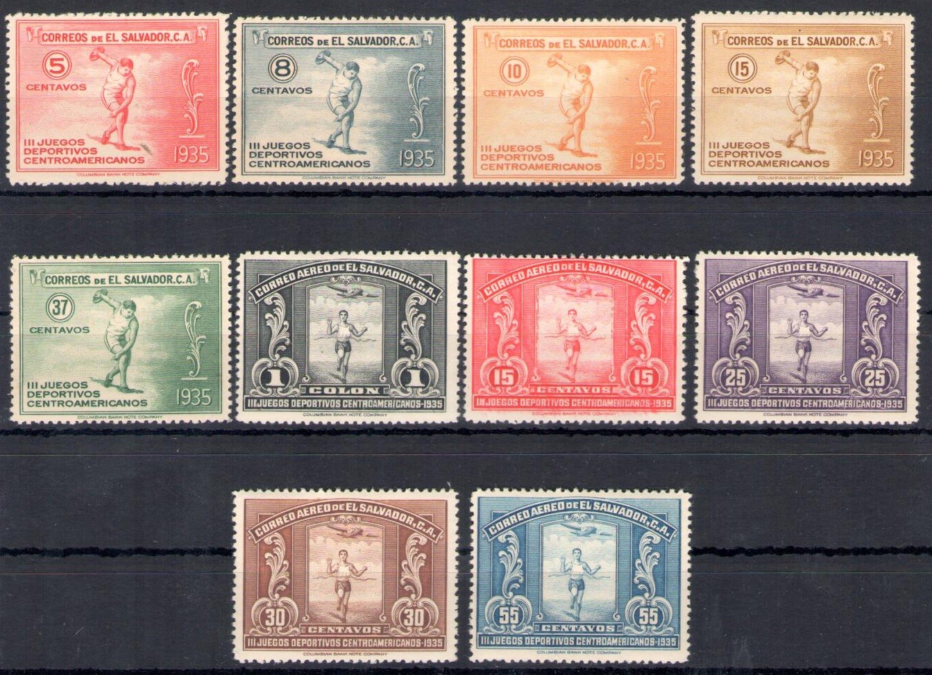 1935 El Salvador, Central American Sports Games - Yvert 491/95 + PA 31/35 - MH*
