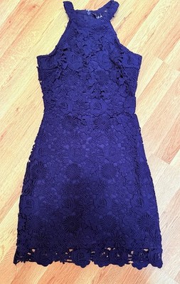 Lulus Navy Blue Floral Lace Halter Dress Sleeveless Back Zipper Women Bodycon XS