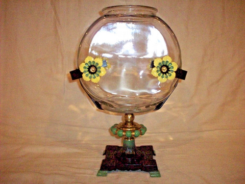 ANTIQUE VINTAGE FISH BOWL & HOLDER ART DECO CAST IRON BRASS GREEN GLASS