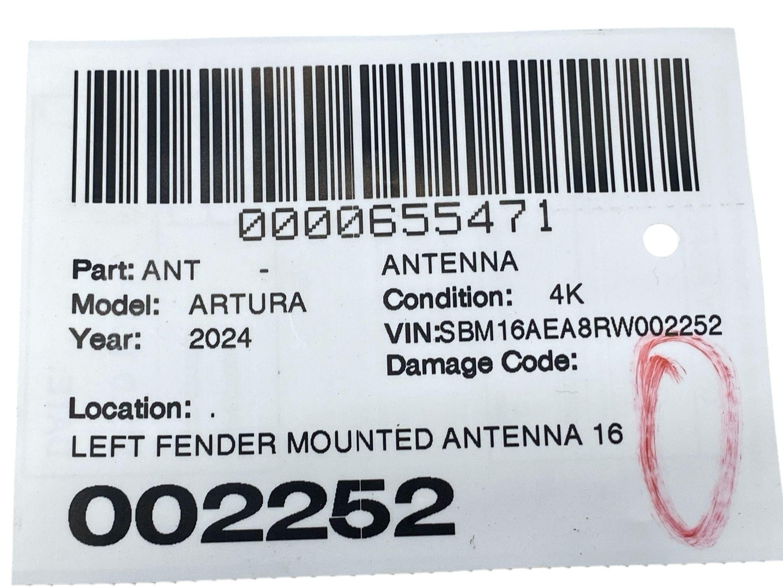 2024 MCLAREN ARTURA LEFT FENDER MOUNTED ANTENNA 16MB599CP OEM