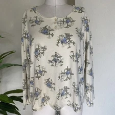 Classic Elements PJ Top Womens L Long Sleeve Koala Bamboo Print Cream Cotton VTG