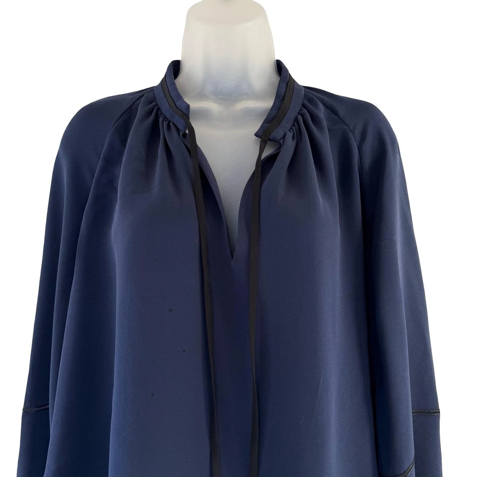 Derek Lam 衬衫女式 8 海军蓝 100% 真丝喇叭袖领带垂褶 — 第 3/4 张图片