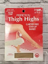 Vtg Thigh High Stockings 1 Pair Sandalfoot Garter Free NIP Fits 8.5-11 Nude