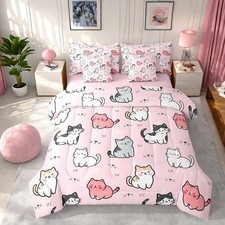 7-Piece Cute Cat Bedding Twin Size Cartoon Animal Bed in a Bag, Kawaii Kitten...