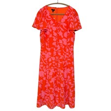 Talbots Flutter Sleeve Crepe Dress 12 Petite Tangerine Geranium Print Midi