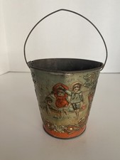 Antique Victorian Tin Litho Sand Pail Embossed With Gold Gilt Trim, Beach Scene