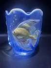 Vtg Fenton Glass Hand Painted Aqua Atlantis Koi Fish Iridescent Vase - Signed!