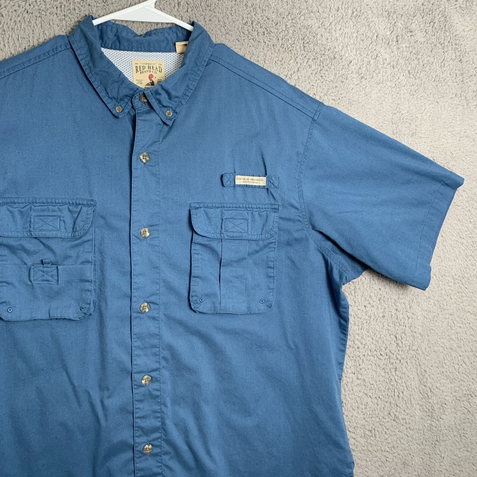Red Head Shirt Mens Extra Large Blue Short Sleeve Collared Button PFG Outdoors - Image 4 of 4