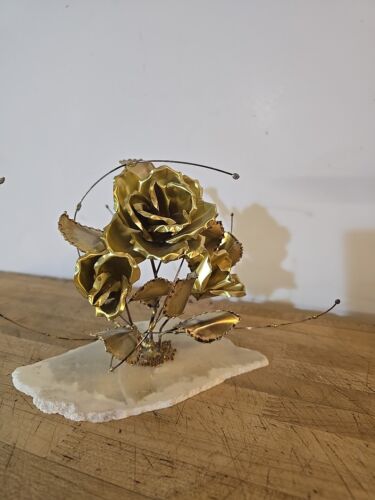 Bronze Rose Flowers On Stone Base Handmade Gold And Pink - Picture 2 of 13