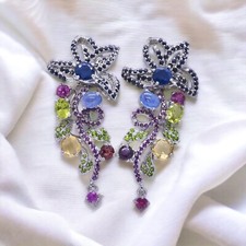 High Quality Genuine Multicolour Stones Cluster Earrings S925 Sterling Silver