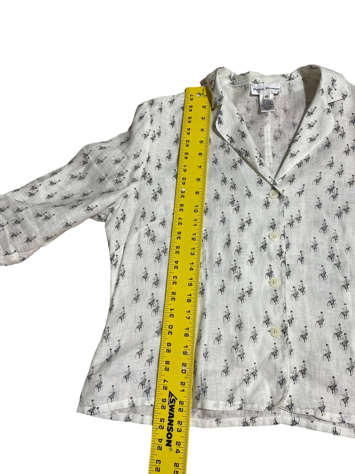 Rena Rowan Womens White Linen Parisian Bicycle Print 3/4 Sleeve Size 16 Button - Image 3 of 4