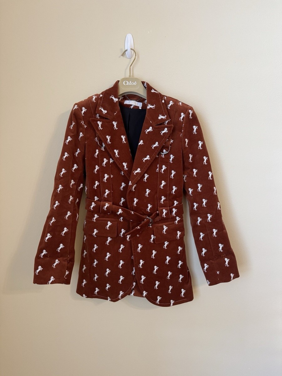 ジャケット Chloe Embroidered Wool Blazer Chloe Horse Embroidered Velvet Blazer Jacket Crimson Brown