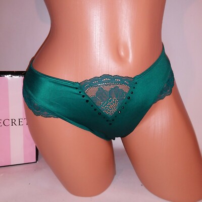 Victoria Secret Panty Thong Satin Emerald Green Bling Lace Trim