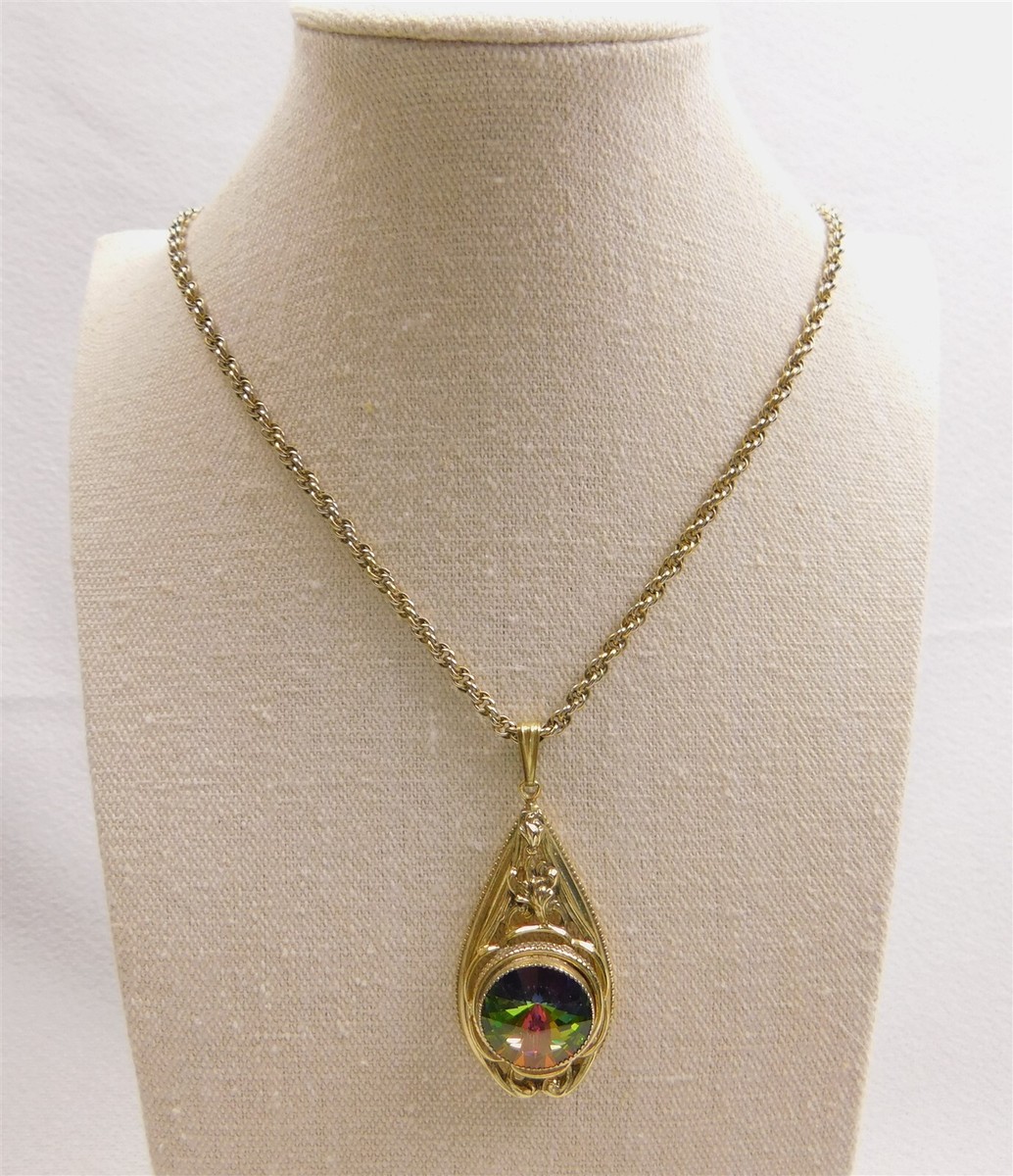 Whiting & Davis Mystic Fire Topaz Gold Tone Pendant Necklace