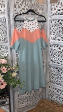 womens off shoulder saghetti strap leopard contrast dress aqua/haze/coral/Ivory