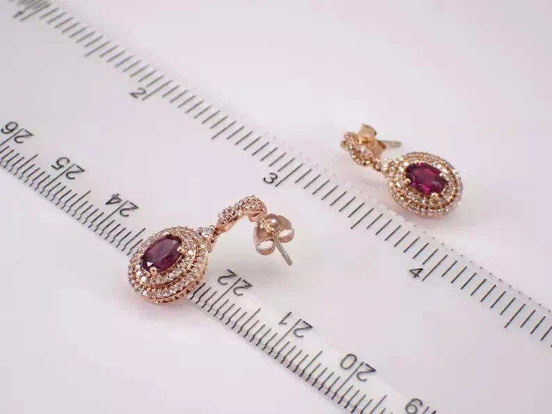 3Ct Oval Cut Lab-Created Garnet Halo Drop Dangle Earrings 14K Rose Gold Plated - Image 4 of 4