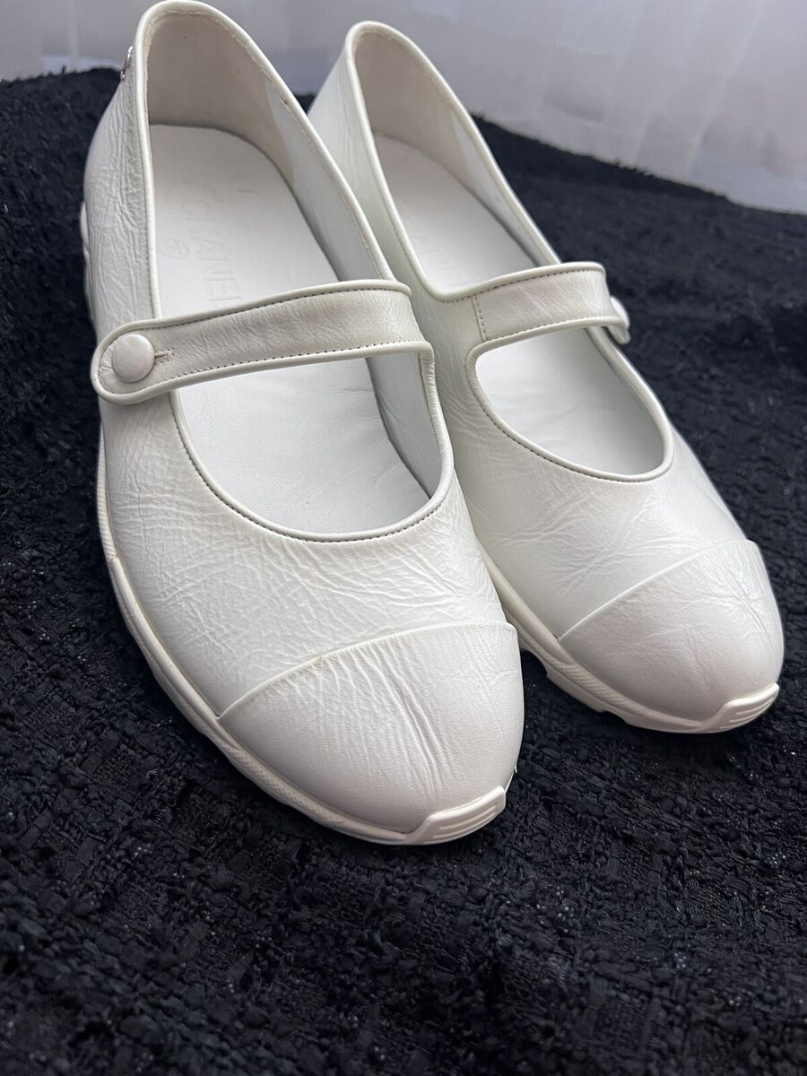 Auth Chanel G34464 White Leather Mary Janes Sneaker Shoes Auth Chanel G34464 White Leather Mary Janes Sneaker Shoes