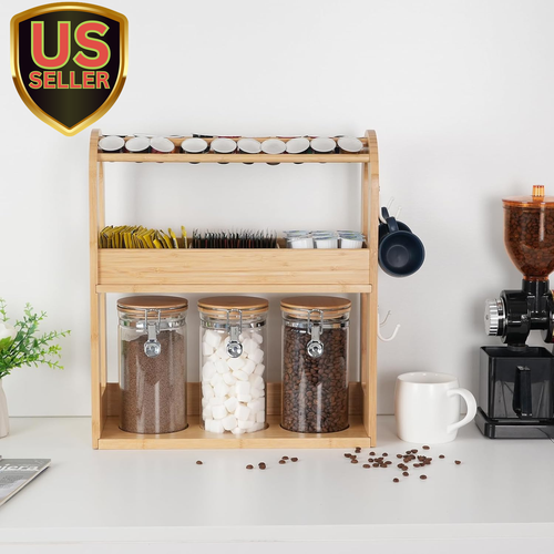 KKC HOME ACCENTS Bamboo Coffee Bar Organizer with Sealed Containers for Coffe...