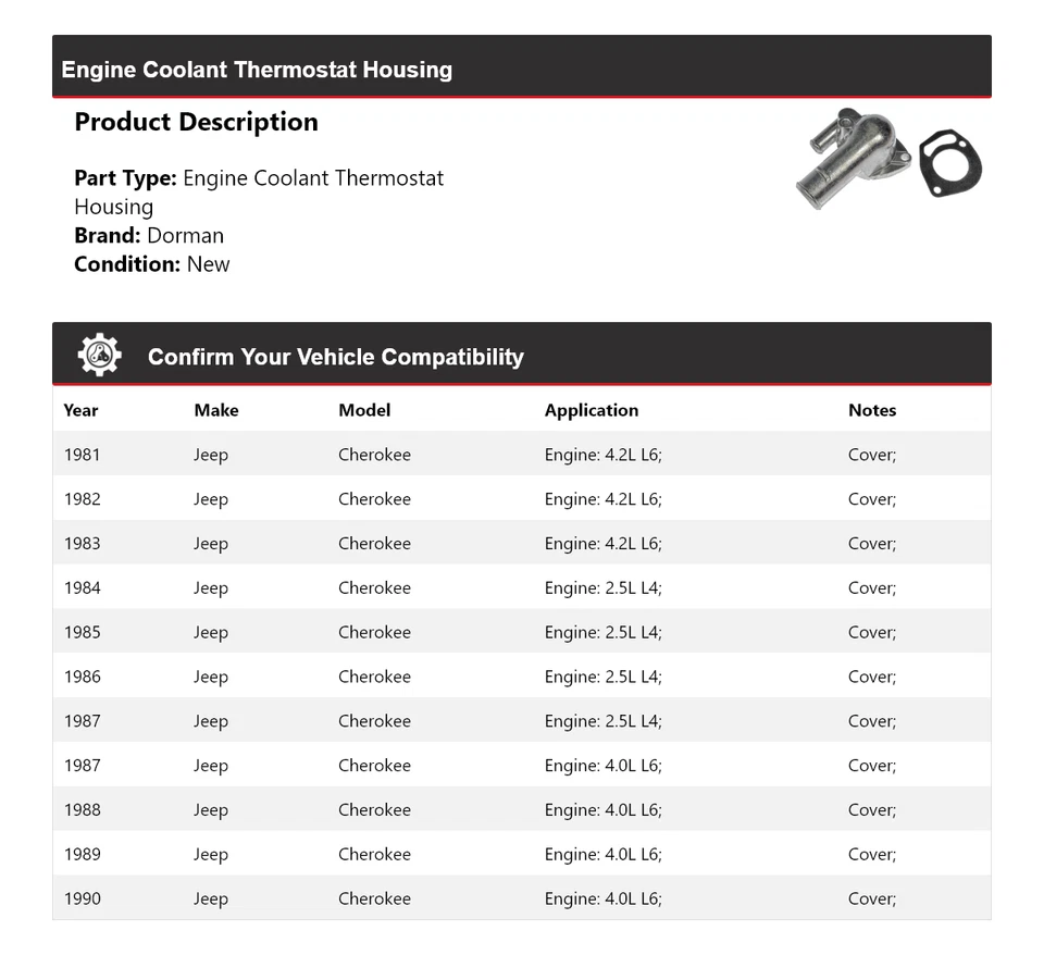Carcasa termostato refrigerante motor Jeep Cherokee Dorman 1981-1990 1982 1983 Foto 2 de 4