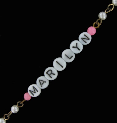 Marilyn - Pink Glass Faux Pearl Name Link Bracelet - Circa 1950-60