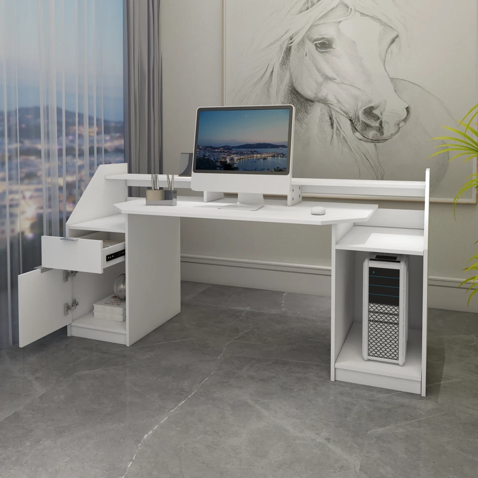 Scrivania per computer tavolo bianco ufficio mobile con cassetto ripiani 180 cm - Immagine 4 di 4