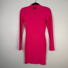 PrettyLittleThing Mini Dress Women's 8 Pink Ribbed Knit Mock Neck Long Sleeve