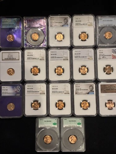 Lot OF 17 Lincoln Wheat Cent Penny PCGS, NGC MS66 MS65, 1936s to 1958