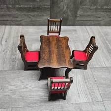 VTG Concord Dollhouse Miniatures Oak Wood Dining Table W/ 4 Chairs No Box NOS