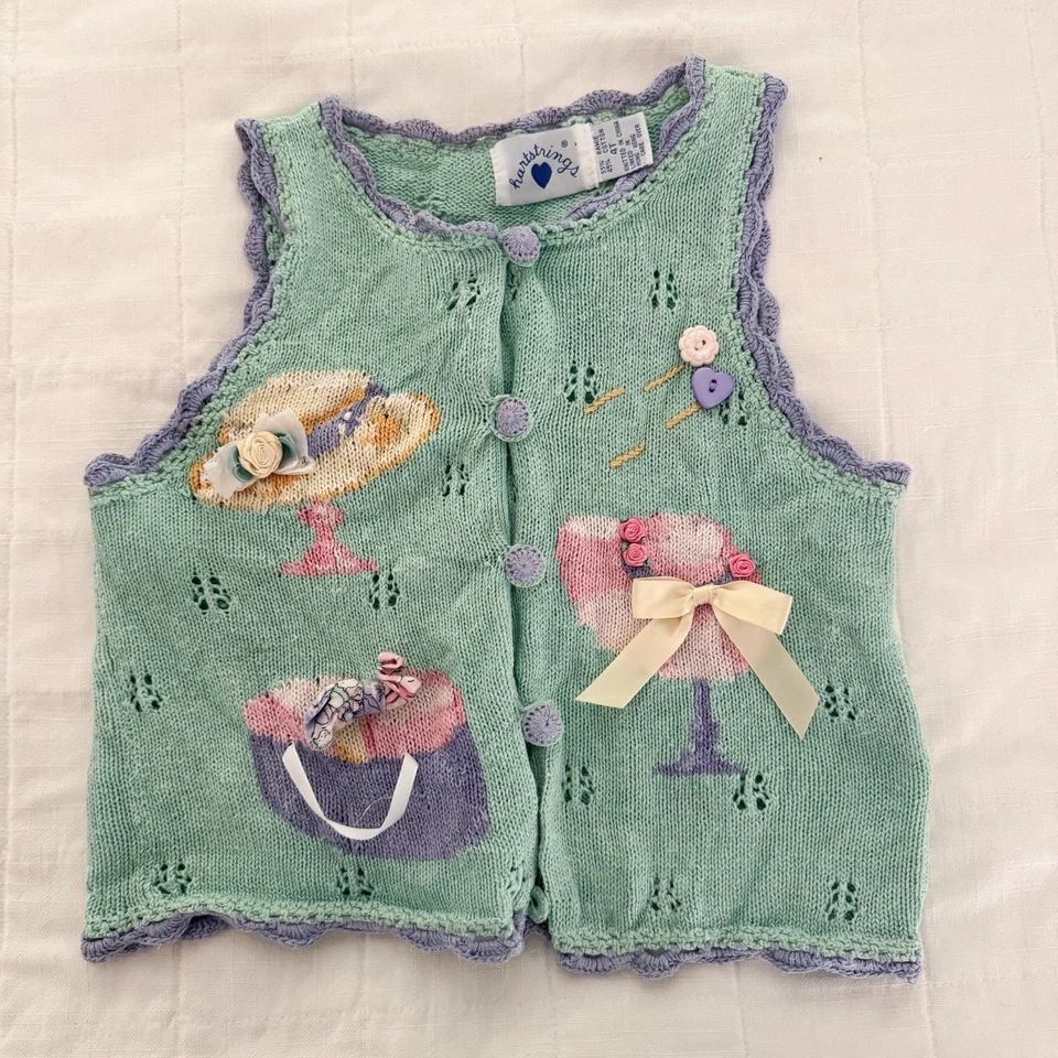 Hartstrings Vintage Toddler Girl Sweater Vest 4T 90s Easter Spring Hats - Image 2 of 4