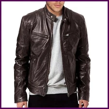 Men' s Retro Leather Jacket Stand Collar Biker Jacket Slim fit Multi-Pocket Coat